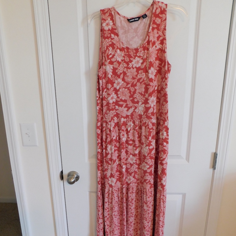 Lands End S/T Tiered Floral Maxi Dress Sleeveless Burnt Orange White Knit